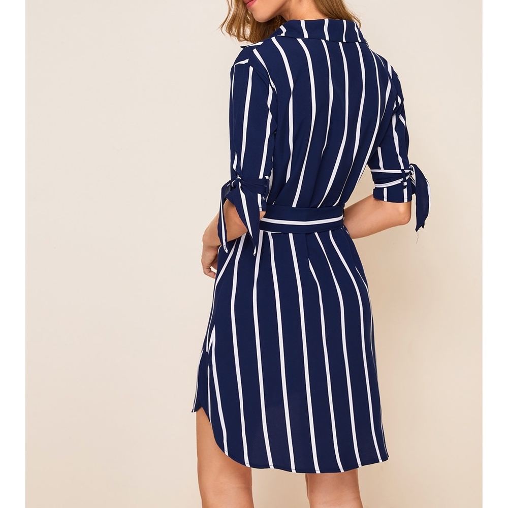 Navy Blue Striped Knot Sleeve Belted Shirt Dress - Picture 2 of 11